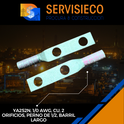 YA252N, 1/0 AWG, CU, 2 orificios, perno de 1/2, barril largo